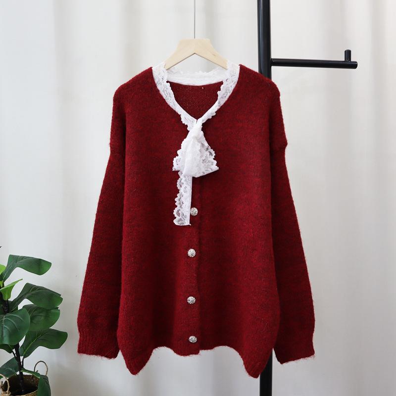 

Осень и зима новый свободный кардиган из трикотажа с кружевной отделкой, мягкий, восковой, сладкий, с нежным ветром, куртка-свитер женская one size fits all красный