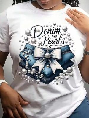 Women's T-Shirts Denim And Pearls With Bow 100% Breathable White Round Neck