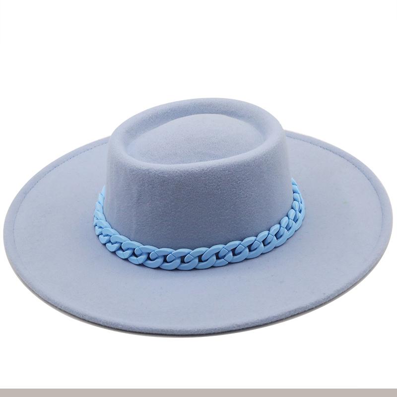 Neue Mode Wolle Pork Pie Boater Flat Top Hut Für Frauen Männer Filz Breiter Krempe 9,5 CM Fedora Gambler hut