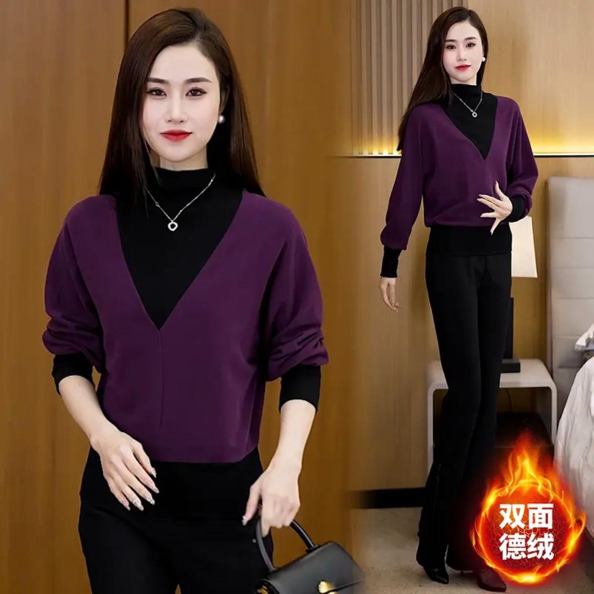 

Double-sided German velvet bottoming shirt women s spring wear 2025 new versatile fashion fashionable autumn and winter splicing short shirt 4XL фіолетовий