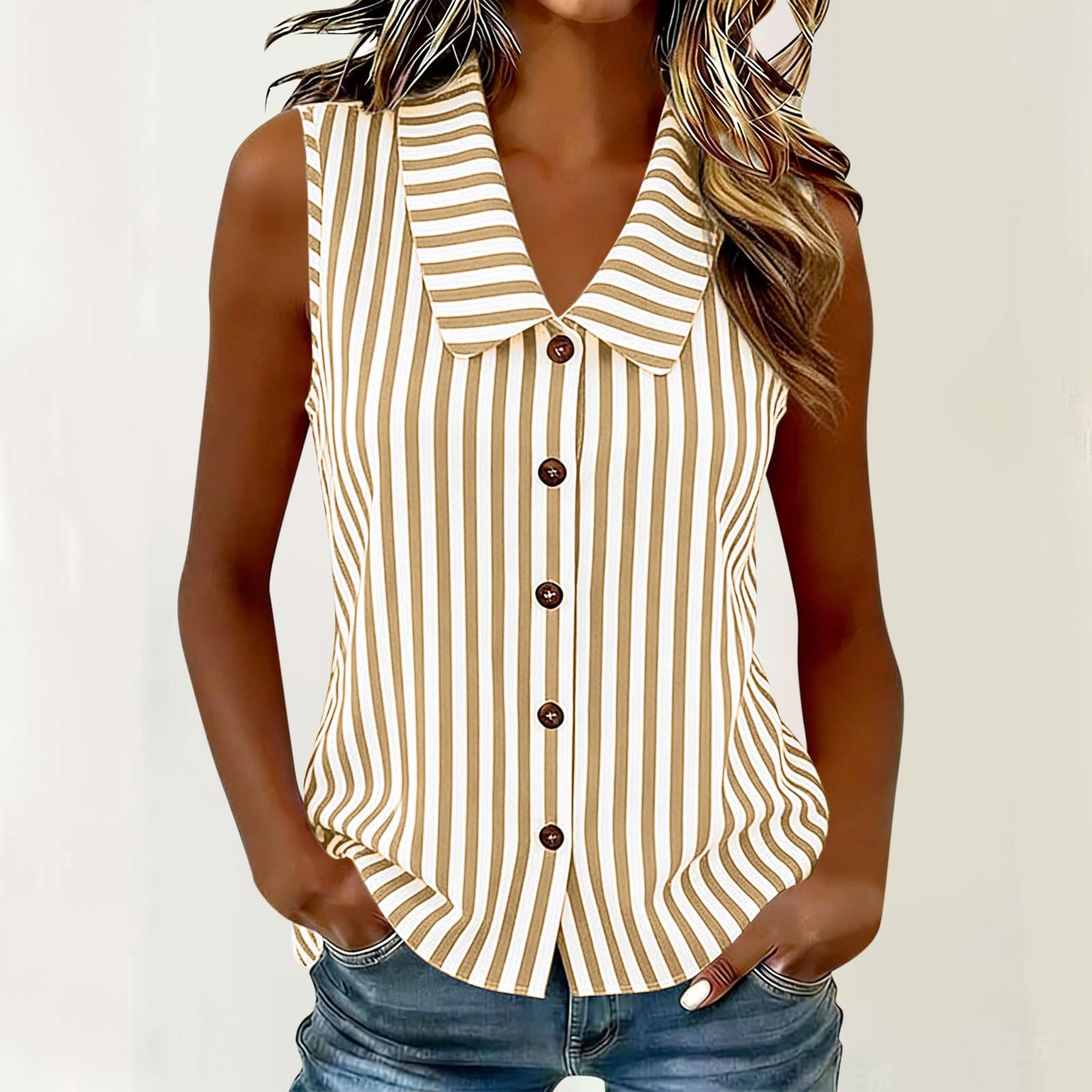 Sleeveless Collared Button Down Shirt Women Casual Vertical Striped Print Blouse Lightweight Summer Top L бежевый