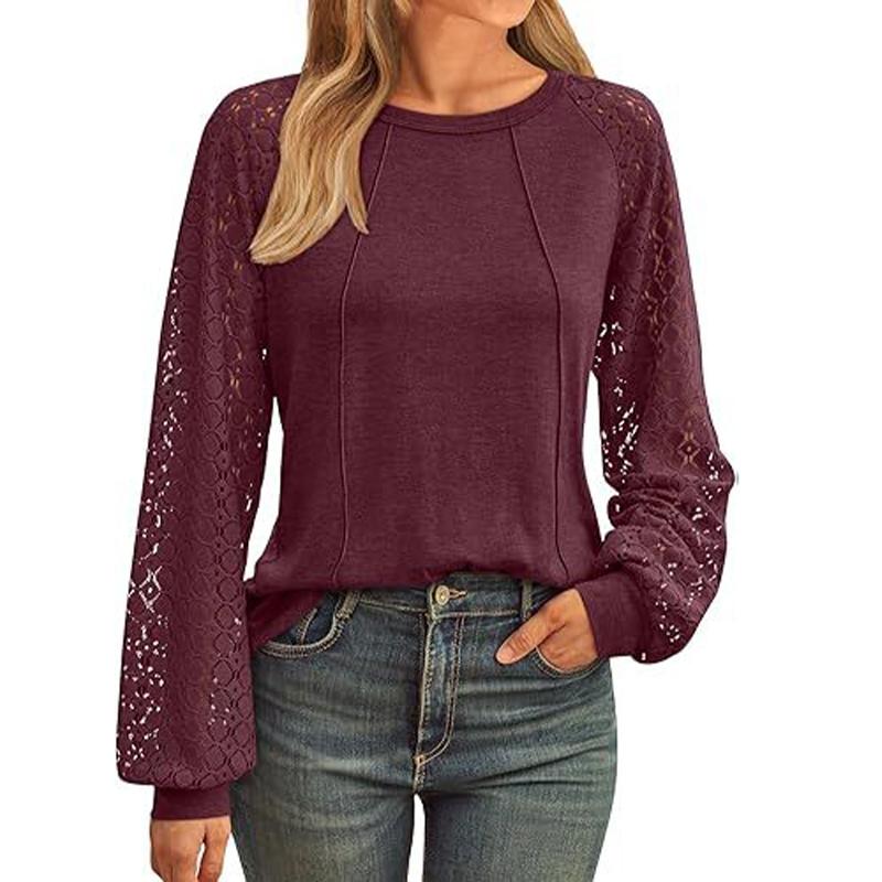 

Women s Lace Trim Blouse - New Long Sleeve Round Neck Oversized Shirt Tunic Top Boho Elegant Style 2XL