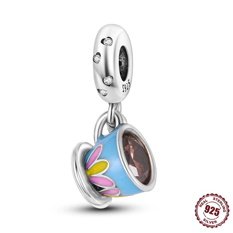High Quality Copper Teacup Coffee Pendant Beads Fit Original Fine Bracelets Charms Diy Women Jewelry Making