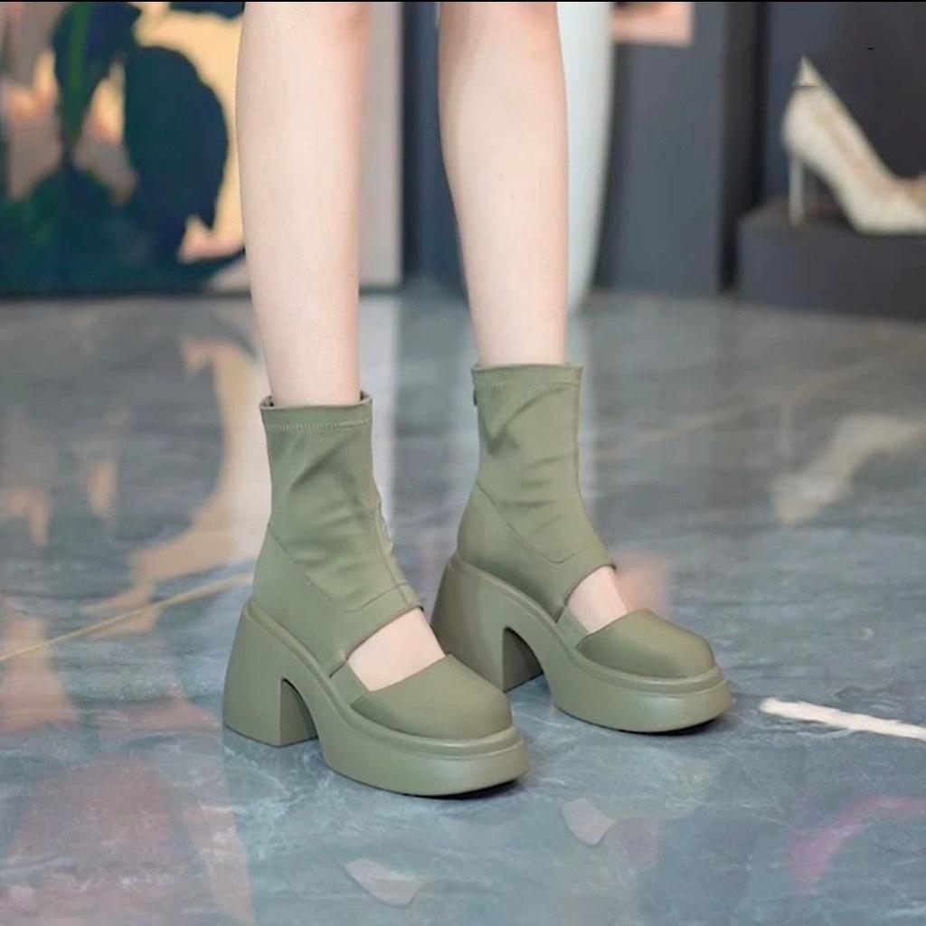 Thin elastic thin boots round head thick heel thick sole waterproof table spring short boots hollow Martin boots women