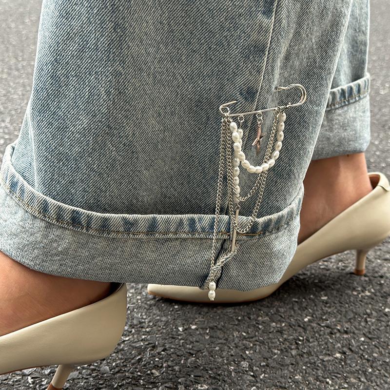 Retro Imitation Pearl Metal Chain Tassel Pendant Pin Pants Foot Chain Creative Girl Fashion Jewelry