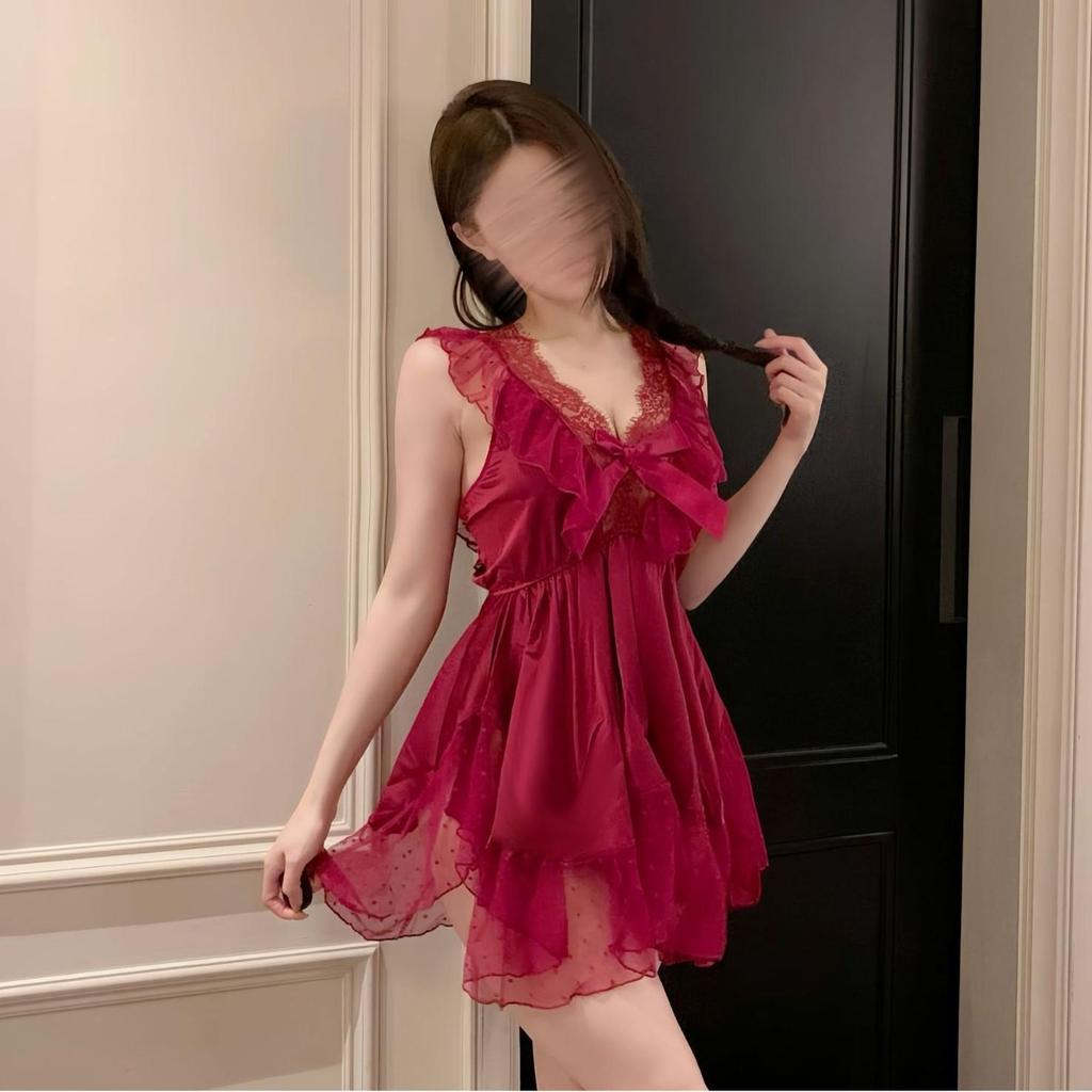 > Polka Dot Mesh Nightgown with Bow Strap - Women's Nightwear Set