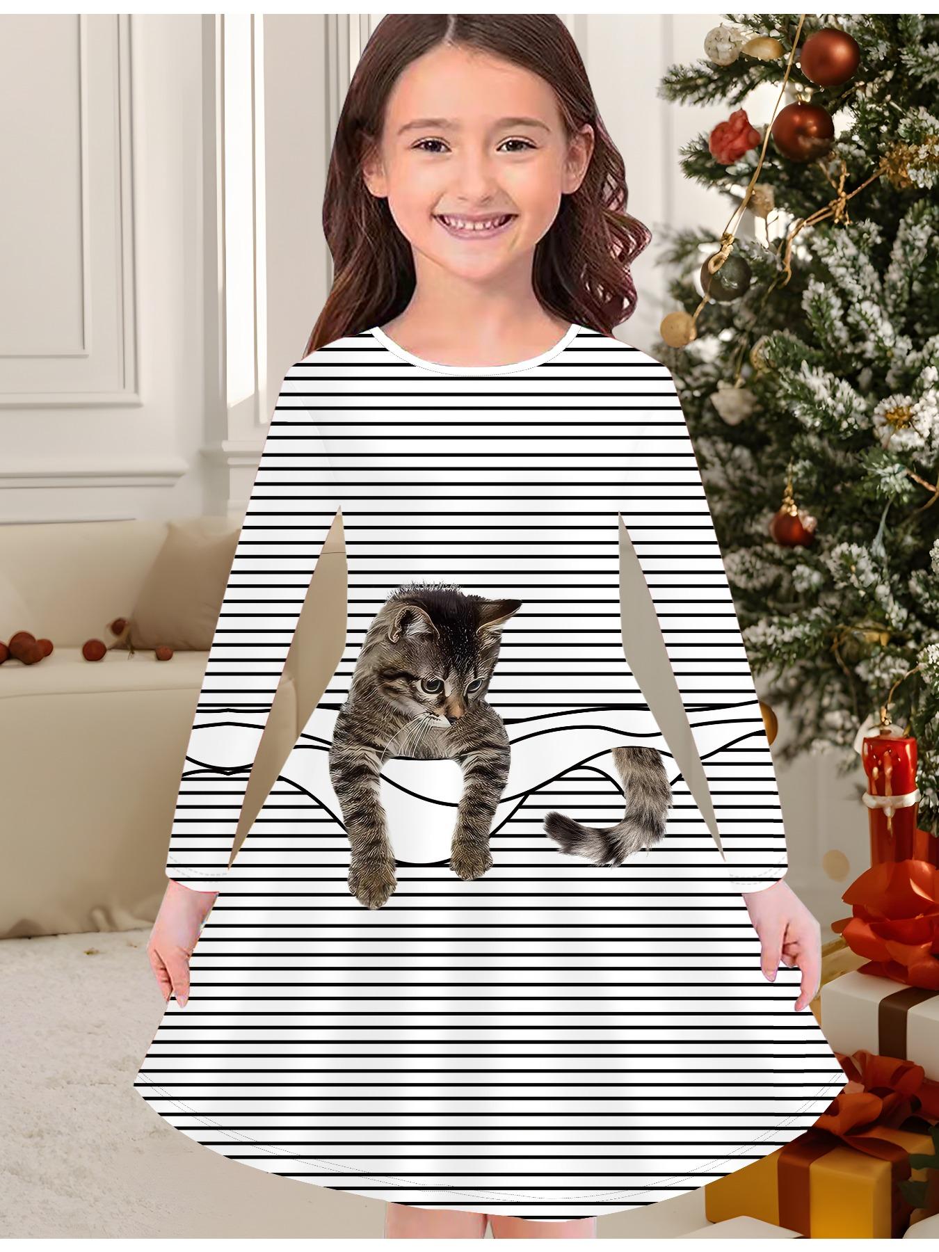 

Модное осенне-зимнее платье для девочек, 3D принт черного кота, круглый вырез, длинное детское платье-футболка, повседневное универсальное, рождественская одежда 170 слоновая кость