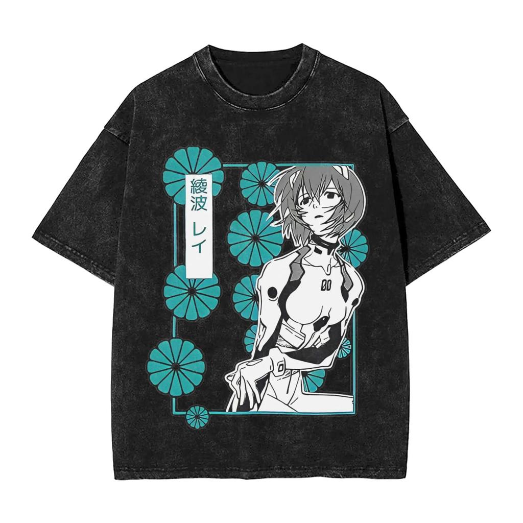 Hot Sale EVA Rei Ayanami Graphic Print T-shirt Men Women Vintage Washed Cotton Summer New Tee Streetwear Y2K Fashion Loose Casual Oversized Top