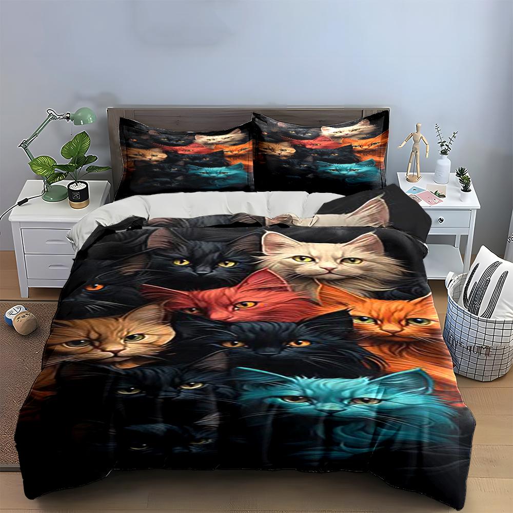 Colorful Cat Faces Design Bedding Set Bedding set (1 duvet cover, 2 pillowcases, duvet not included)