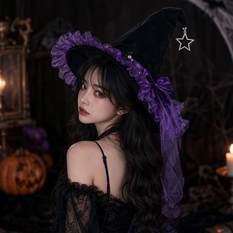 Lolita Witch Hat Headband Halloween Costume Party Cosplay Accessory - Purple Green Black Red Multi-layer Ruffle Design