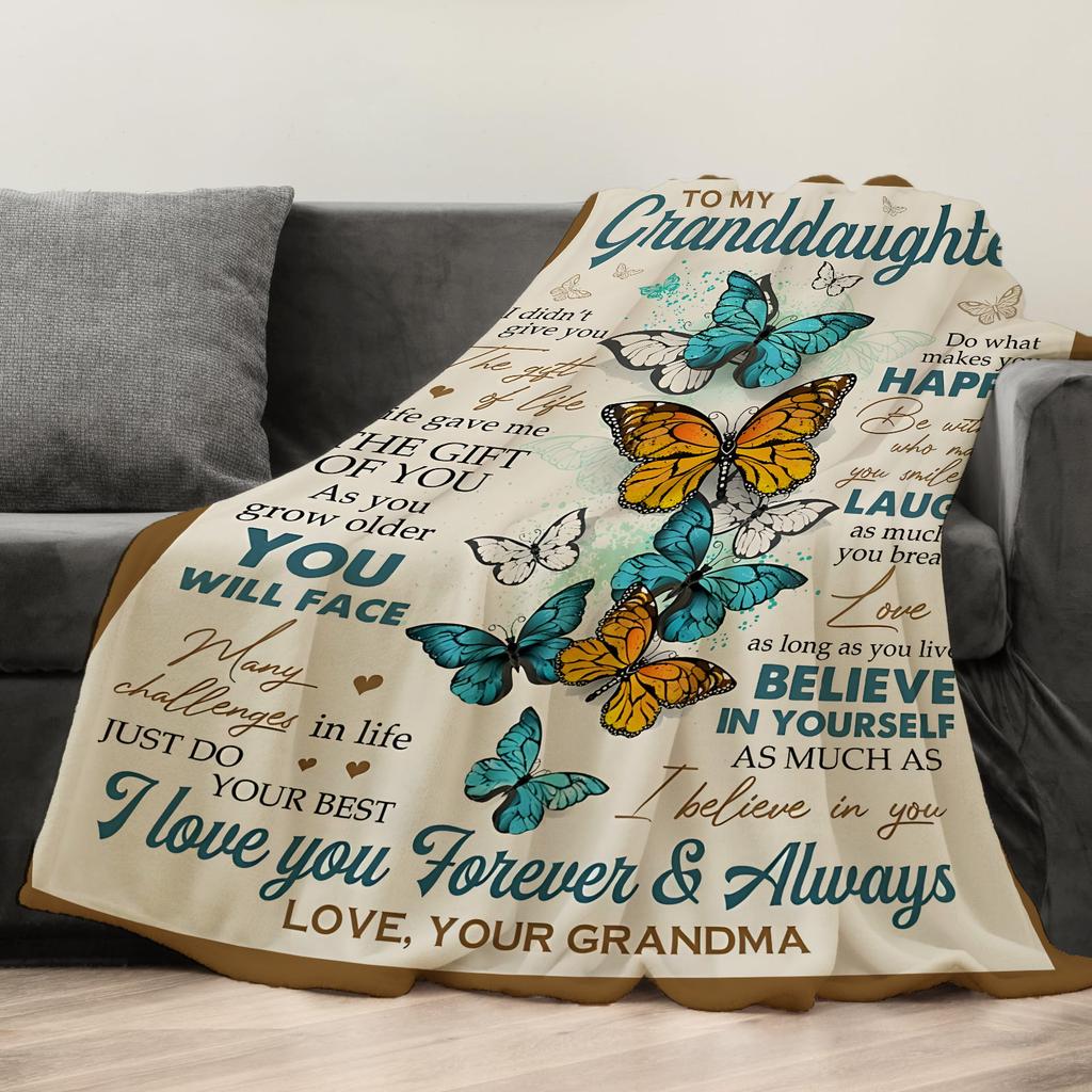 Butterfly Print Flannel Throw Blanket Soft Cozy Sofa Nap Blanket Camping Blanket Home Blanket Perfect Gift for Granddaughter