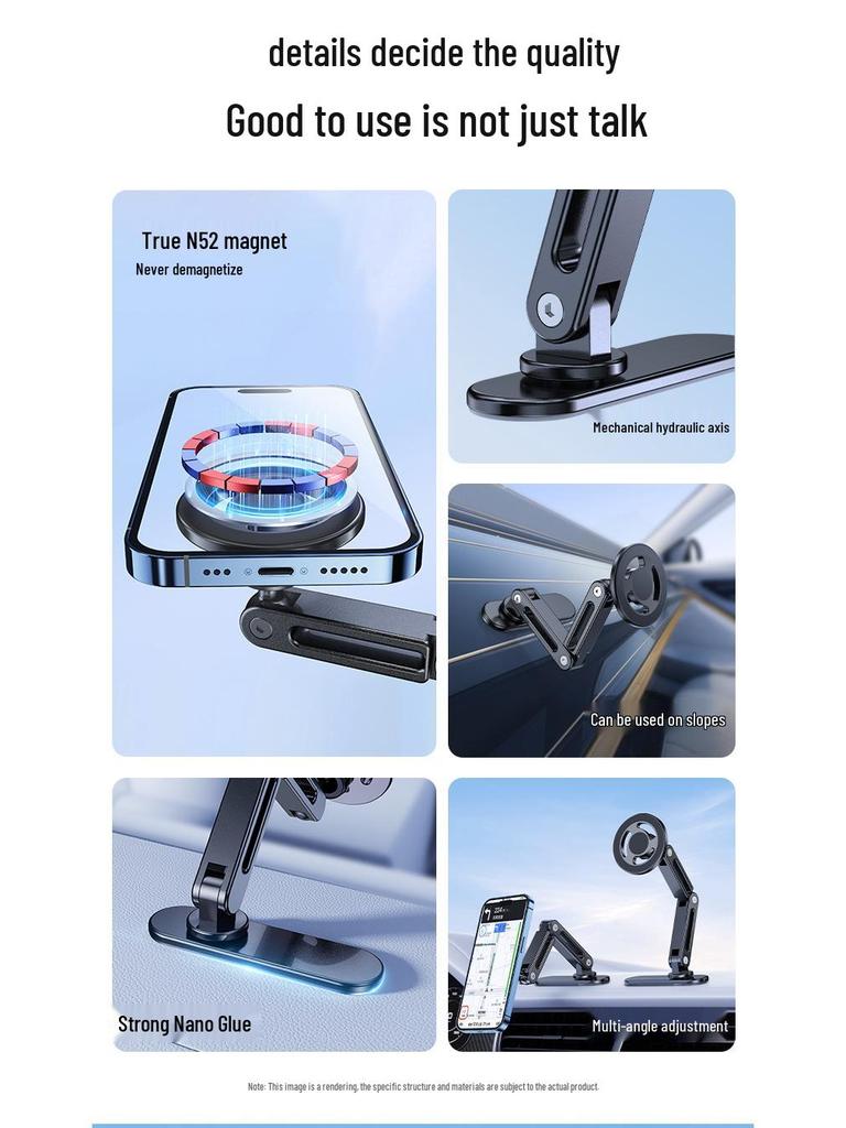 Magnetic Car Phone Holder with Long Base, Curved Dashboard Design, and Foldable Metal Stand