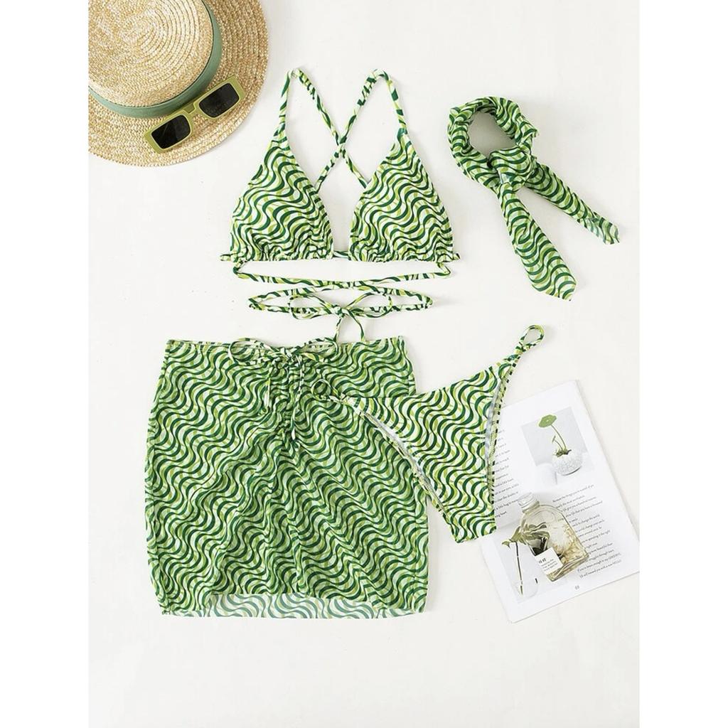 Damen-Badeanzug-Set mit Kordelzugträgern und sexy dreiteiligem Bikini-Stirnband