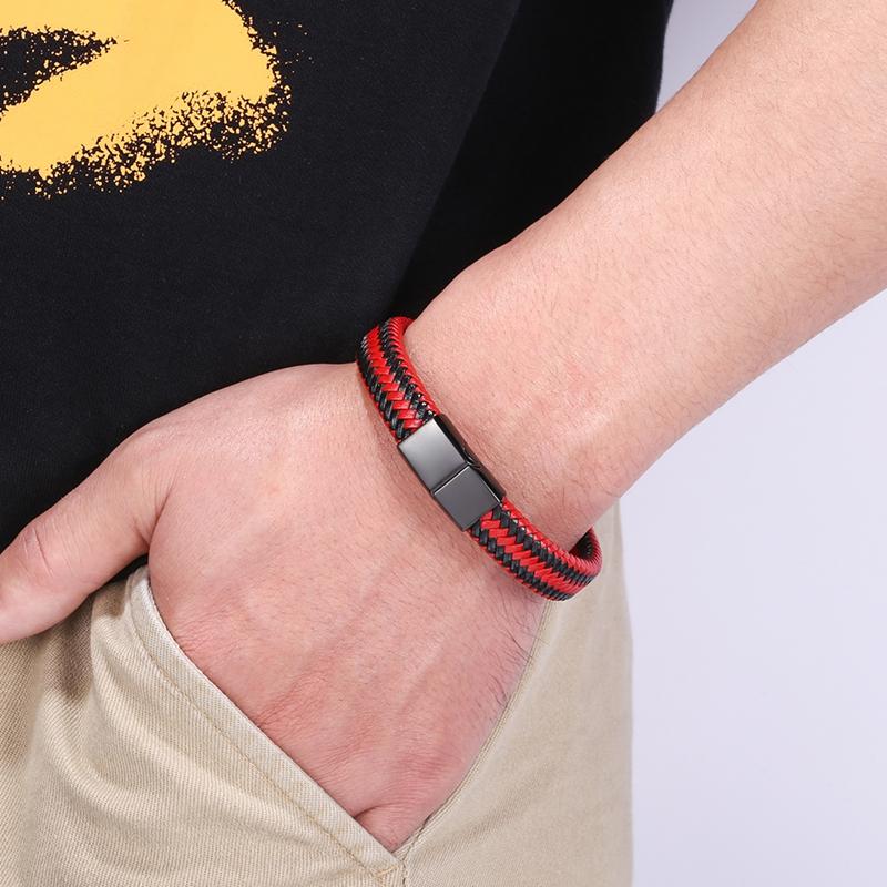 Klassisk Svart Rustfritt Stål Knapp Menn Lærarmbånd Luksus Armbånd Gave