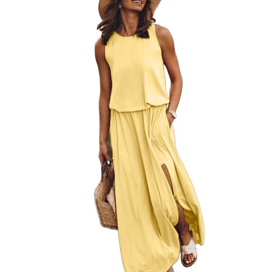 Women Summer Dress Pleated Round Neck Sleeveless Solid Color Loose Slit Hem Maxi Dress Daily Date Party Wear Long Dress