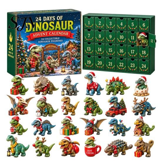 Dinosaur Themed Christmas Decor Advent Calendar, 24Pcs Acrylic Ornament Set with Cute Daily Holiday Anticipation Gift Dino Figures, Countdown Box, for