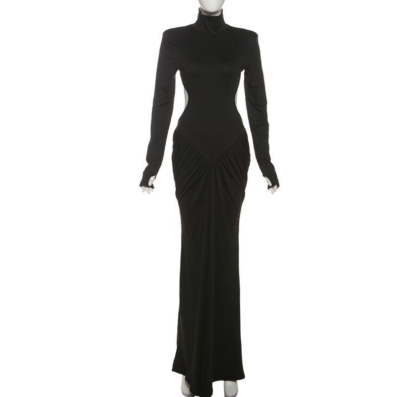 

Western Style Ins New Fashion Turtleneck Temperament Slim fit Long dress Sexy Backless Solid Sheath Dress Women Black S