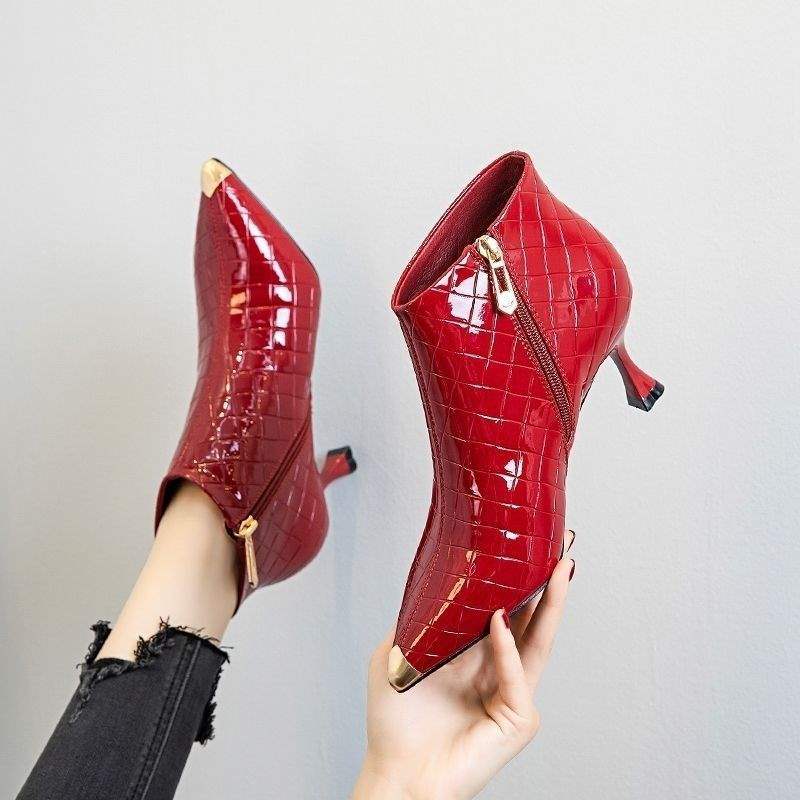 European and American thin heel boots pointed thin boots 2025 autumn and winter new patent leather short boots women's high heels versatile vel