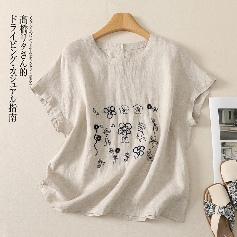 DIMANAF 2026 Lato Damska Duży Rozmiar Nowa Bluzka Koszula Haft Vintage Krótki Rękaw Bawełna Codzienna Luźna Damskie Bluzki T-shirty