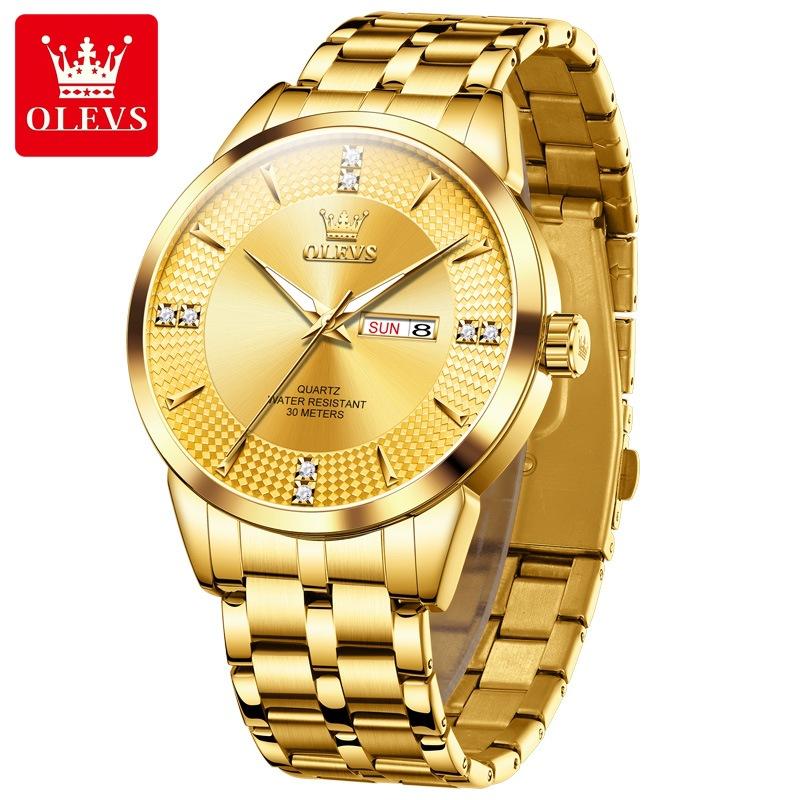 OLEVS Gold Watch for Men Waterproof Luminous Date Fashion Classic Stainless Steel Wristwatch Business Quartz Watches