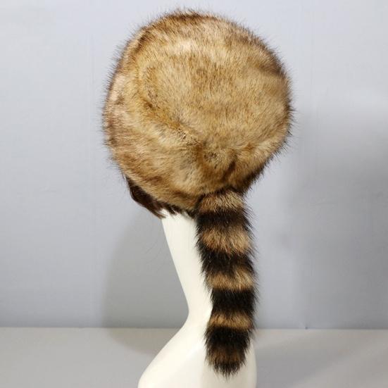 Winter Hat Faux Fur Raccoon Tail Russian Round Flat Top Ear Protection Thickened Autumn Winter Thermal Women Cap for Camping,