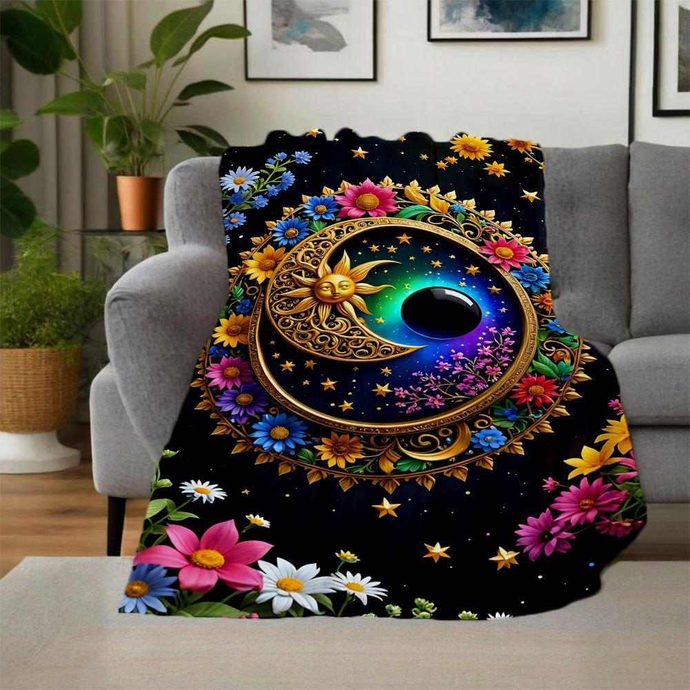 "Colorful Floral Celestial Wall Art Decor"Blanket Flannel Throw Blanket for Sofa, Bed, Travel, Camping, Office
