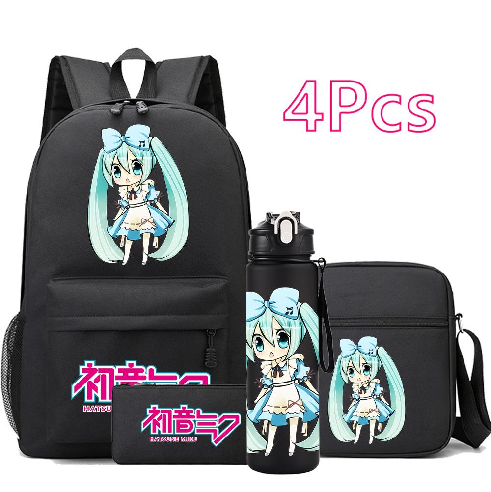 4Pcs/set Anime Hatsune Miku Printed Backpack Bookbag Shoulder Bag Case Bag with 750Ml Water Bottler for Boy Girl Large Capacity Waterproof Schoolbag