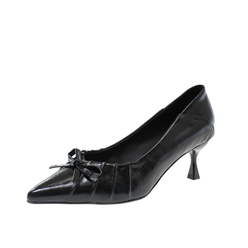 

2026 Fall New Pointed Bow Pleated Single Shoes Women s Commuter Stiletto Kitten Heel Shallow Heels 35 чёрный