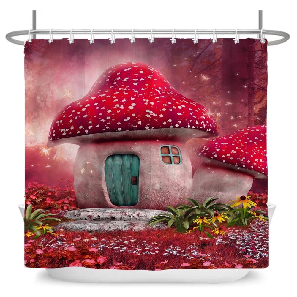 Enchanted Forest Shower Curtain Cartoon Magic Tale Mushroom Wonderland Gothic Shower Curtain Waterproof Bath Decor With Hooks