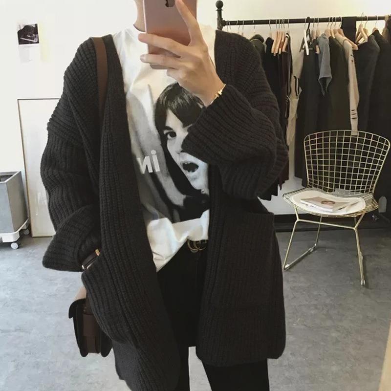 Autumn and winter medium and long loose thickened thick wool lazy wind sweater jacket female soft sister knitted cardigan