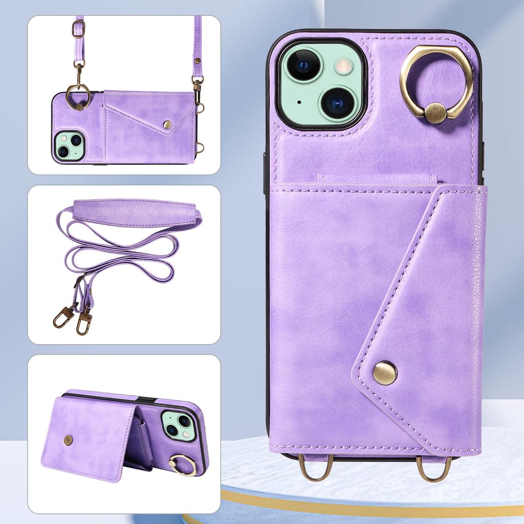 For iPhone 15 Series.for iPhone 15,15 Plus,15 Pro,15 Pro Max Shoulder Strap Rope Ring Bracket Design Card Holder Slots Lichee Pattern Cover Phone Case