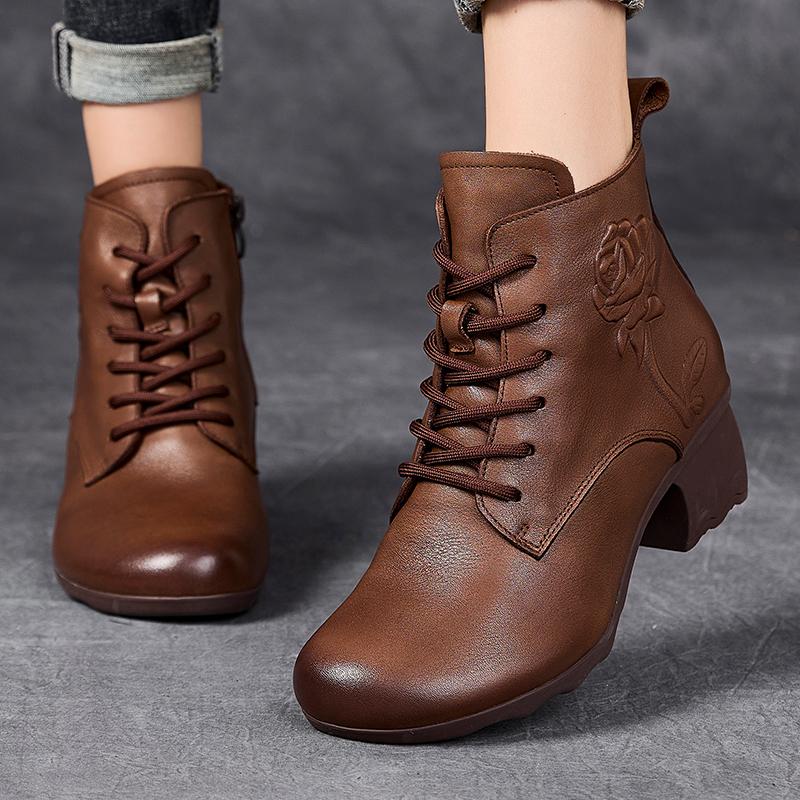 Fashion GKTINOO Spring Autumn Women Boots Genuine Leather High Heels Ankle Boots For Women Shoes Retro Handmade Zipper Short Boots