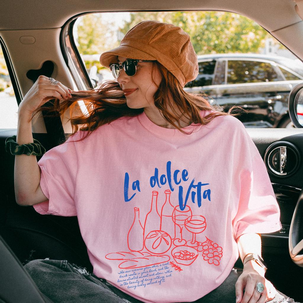 Unisexs La Dolce Vita Graphic Oversized Streetwear Cotton Short Sleeve All Season Casual Tee
