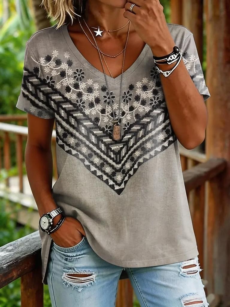 Women's Vintage Classic V Neck Short Sleeve T-Shirt Geometry Graphic Print Casual Regular Tops Daily Going Out Wear for Summer