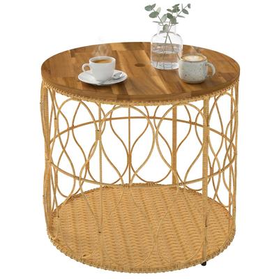 Table d'appoint diamètre 50 cm Table de jardin résistante aux intempéries aspect rotin Plateau en bois d'acacia Pieds réglables Teck