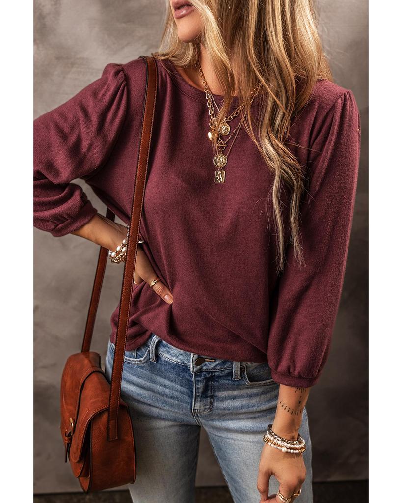 Azura Exchange Red Dahlia Solid Color 3/4 Sleeve Round Neck Top