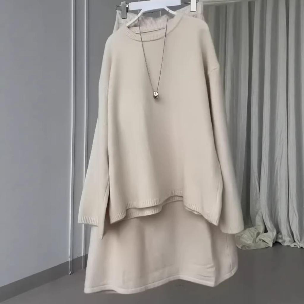 Cross-border European and American women's clothing fashion temperament round neck long sleeve simple loose knitted sweater straight skirt set