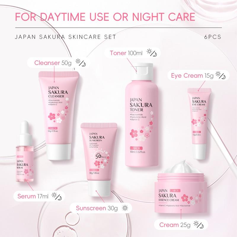 LAIKOU Moisturizing Reduce Fine Lines Brighten Skin Tone Care Toner Cream Eye Cream Cleanser 6Pcs Sakura Facial Skin Care Set