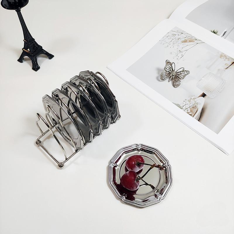 6PCS/Set Round Stainless Steel Coaster Silver Cup Mat with Storage Rack Coffee Tray Cake Dessert Plate Gift
