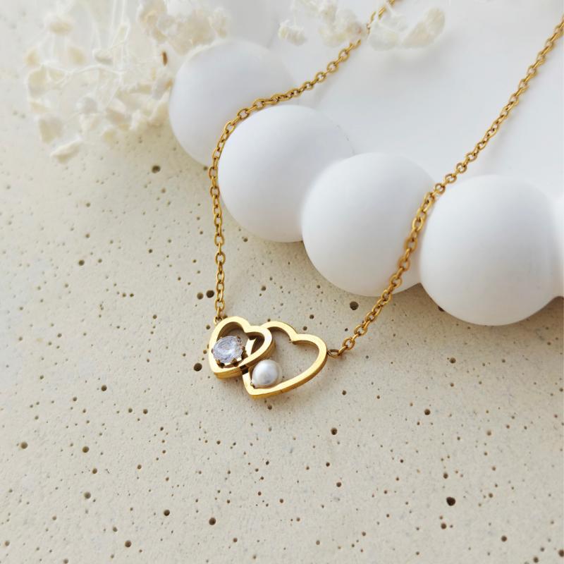 14K Gold Plated Stainless Steel Necklace, Double Heart with Crystal Nst2373