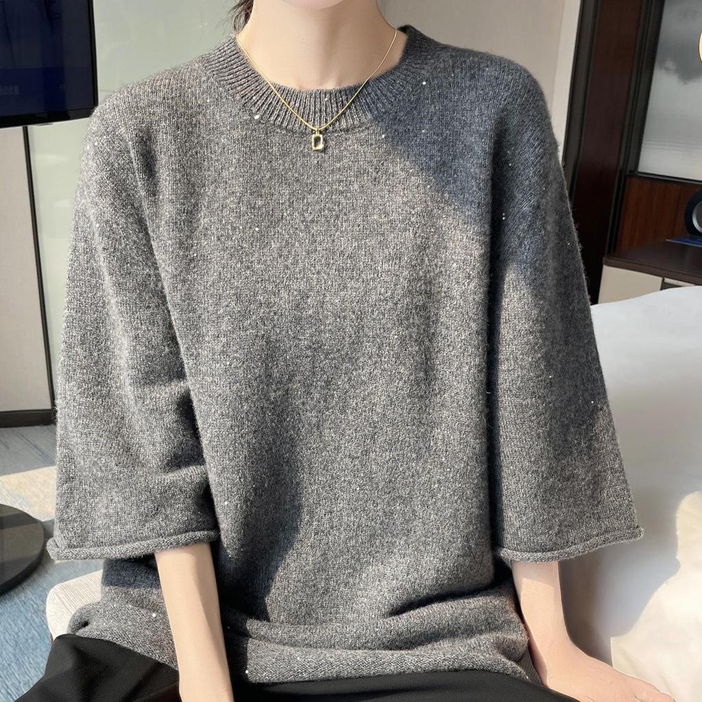 Mid-Length Sequin Wool Knitwear: 5-Sleeve Round Neck, Loose Fit