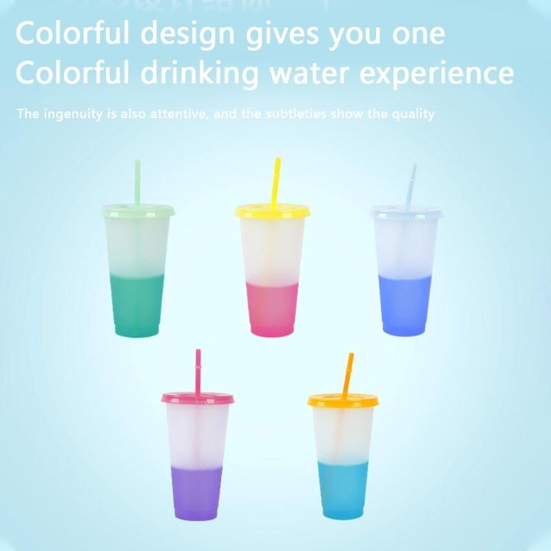 Hrníčky měnící barvu 5 kusů Opakovaně použitelné Tumbler s víčky a brčky Ledová voda Měnící barvu BPA Tumblery Party hrníčky
