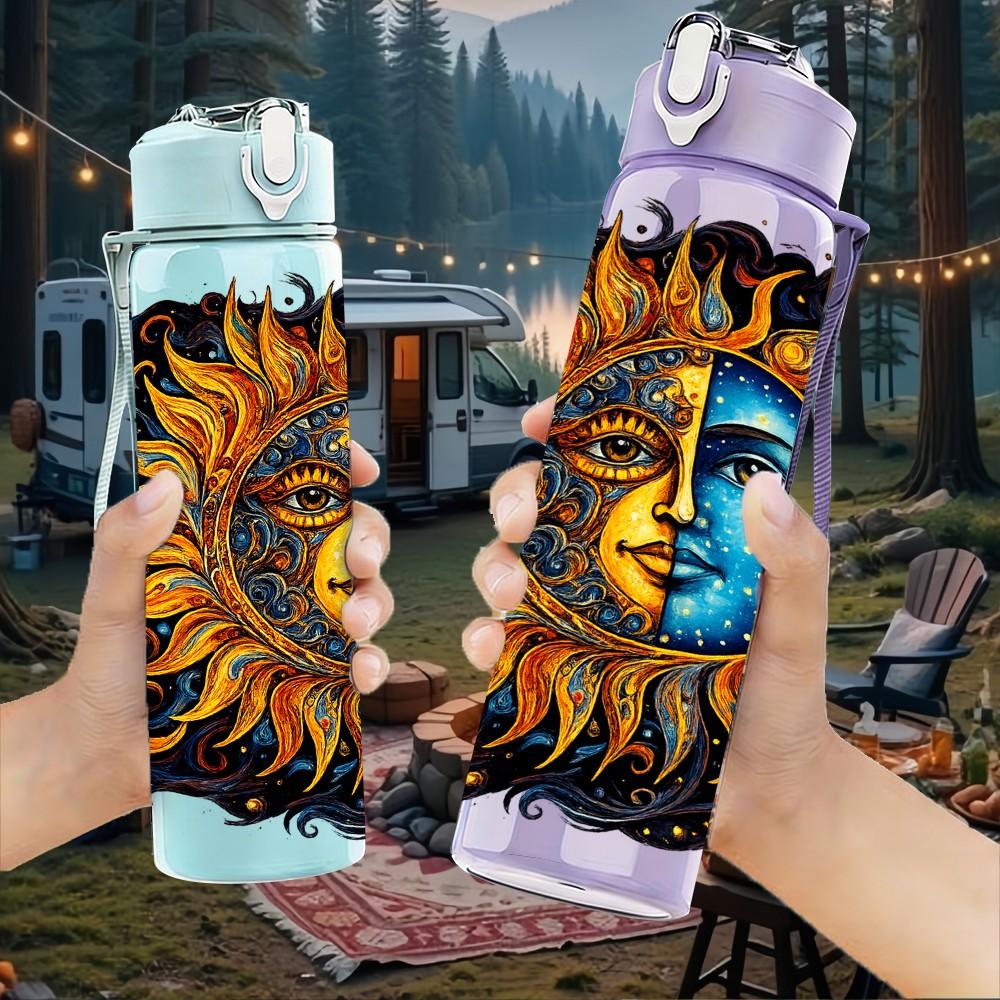 1PC Sun Moon Face Bohemian Art Print 750ml Color Plastic Sports Water Bottle Leakproof Flip Straw Lid Suitable for Sports Office Home Use