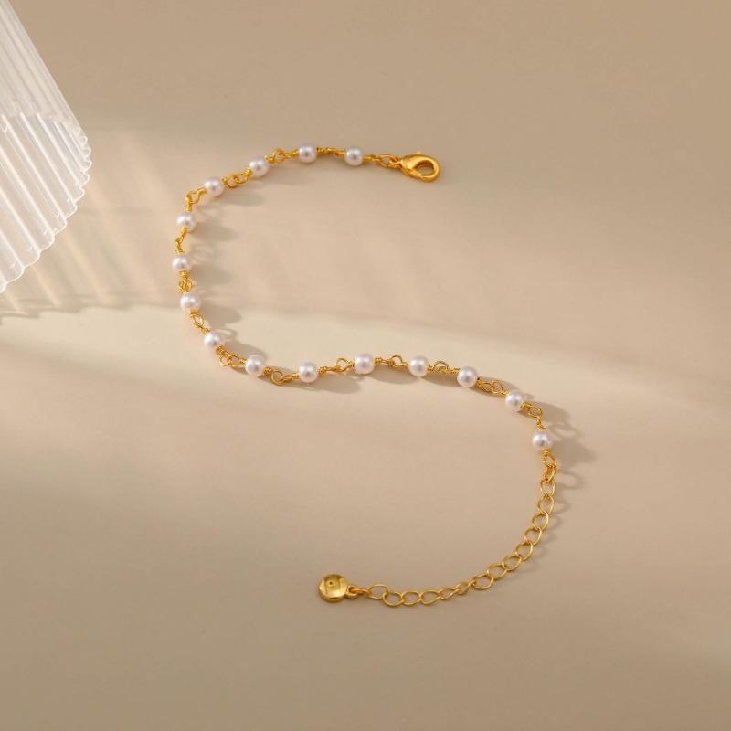 Gold Plated Dainty Spaced Tiny Pearl Bead Anklet With Adjustable Extension Chain
