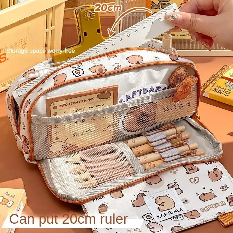 Creative Three-layer Pen Bag Large Capacity Capybara Stationery Bag Multifunctional Pencil Case Student Gift