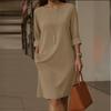 Elegant European & American Style Round Neck Dress with Pockets