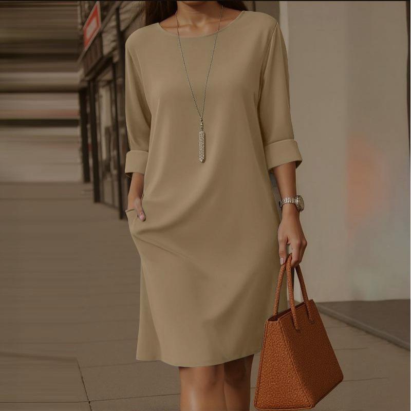 Elegant European & American Style Round Neck Dress with Pockets