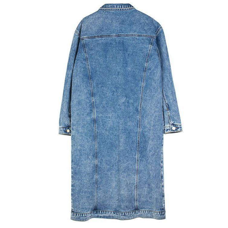 Women Denim Jacket Retro Mid Length Turn-down Collar Button-down Outerwear Solid Color Long Sleeve Coat With Chest Pockets