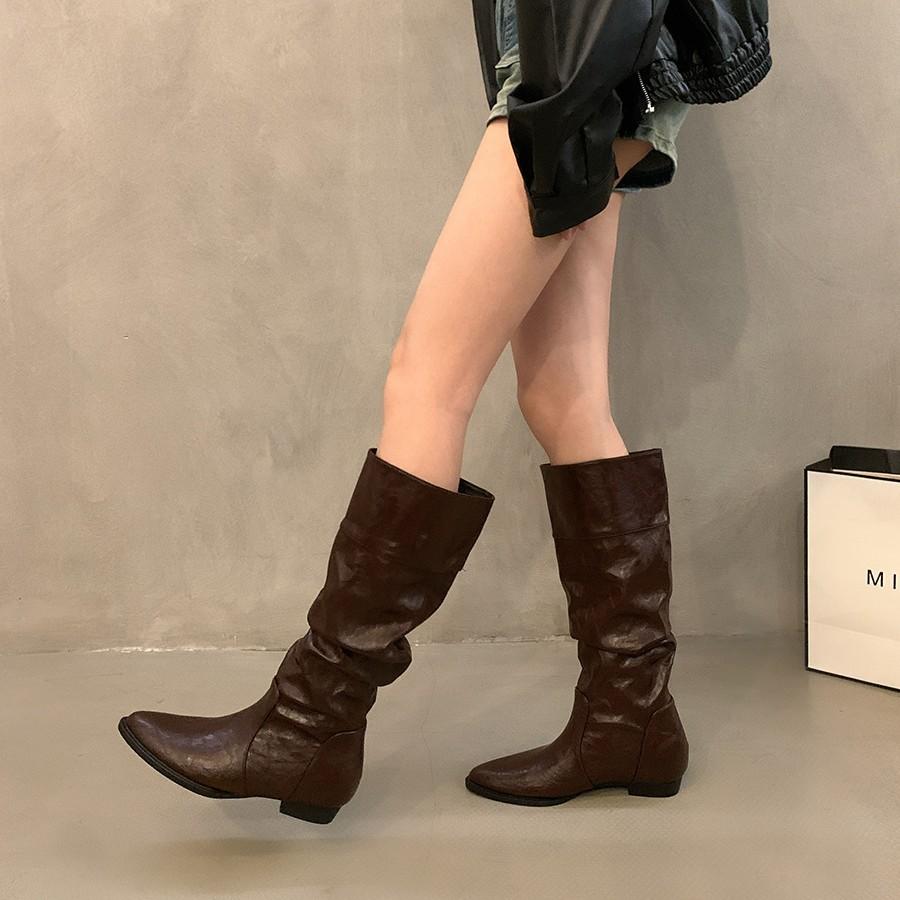 Suding Home Coarse Heel Pointed Pile Boots Long Boots Women's Shoes 2025 New Spring, Autumn and Winter Medium Tube Skinny Knight Boots