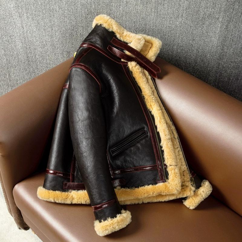 Thickened B3 Winter Clothes Warm Lapel Genuine Leather Fur Integrated Lamb Fur Men Genuine Leather Leather Jacket Retro Wool Jacket